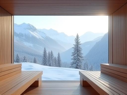 Der spektakuläre Blick aus der Panorama-Sauna des Mistral Haus auf die schneebedeckten Berge und Täler.