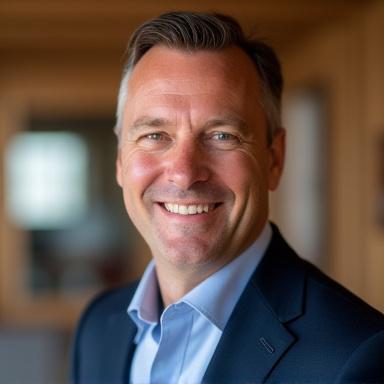 Porträt von Jonas Frei, Direktor der Skischule, lächelnd und professionell gekleidet.